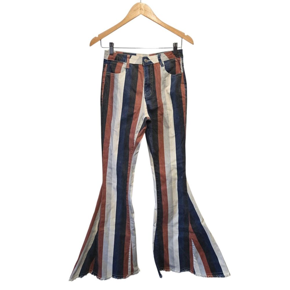 SAINTS & HEARTS Navy Rust Stripe Bell Bottom Flared Jeans Pants Women's Size M